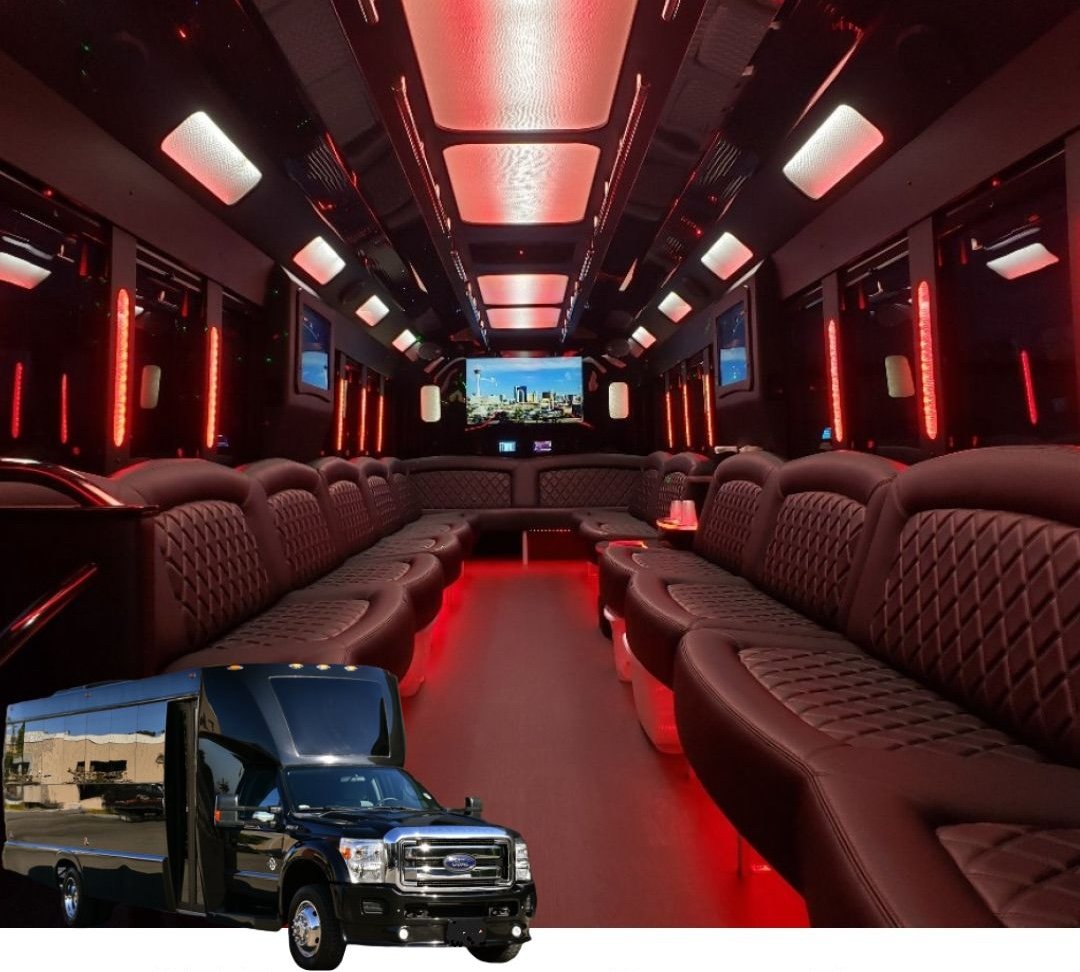27 passenger black party bus with red interior and and space to dance